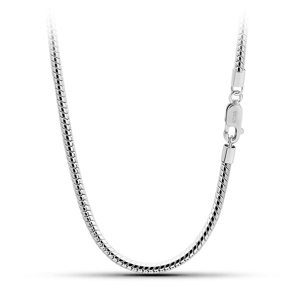 Meilanduo 925 Sterling Silver 3mm Round Snake Necklace, Delicate Dainty Snake Necklace, Sizes 18" to 30" Inch for Women & Men (28", Silver-Tone)