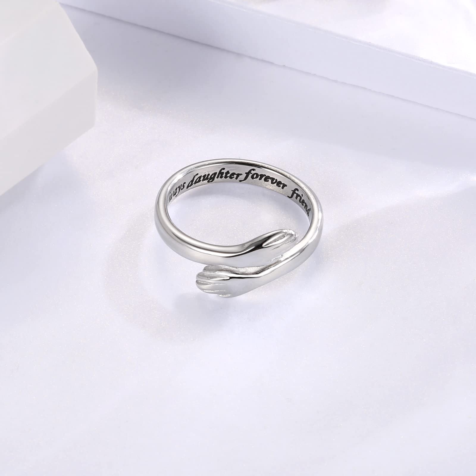 JZCOLOR Silver Hug Ring for Women: Adjustable Hugging Hand Ring Always Daughter Forever Friend Hug Open Ring (Always daughter forever friend)