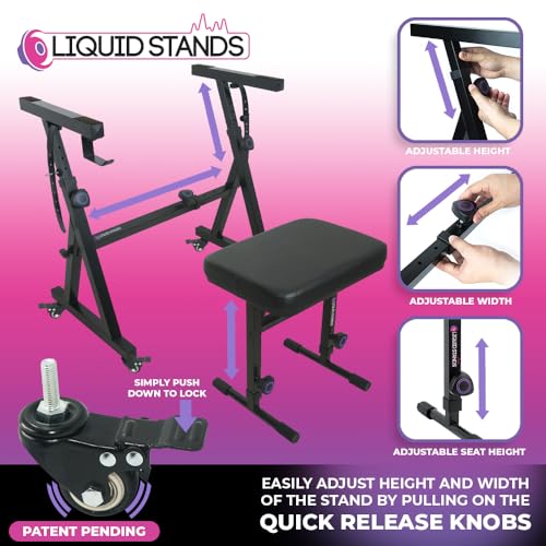 Liquid Stands Piano Keyboard Stand and Bench Set - Portable Heavy Duty Music Stand for 54-88 Key Electric Pianos and Adjustable Piano Bench, Stool - Sturdy Keyboard Music Stand w/ Wheels and Seat