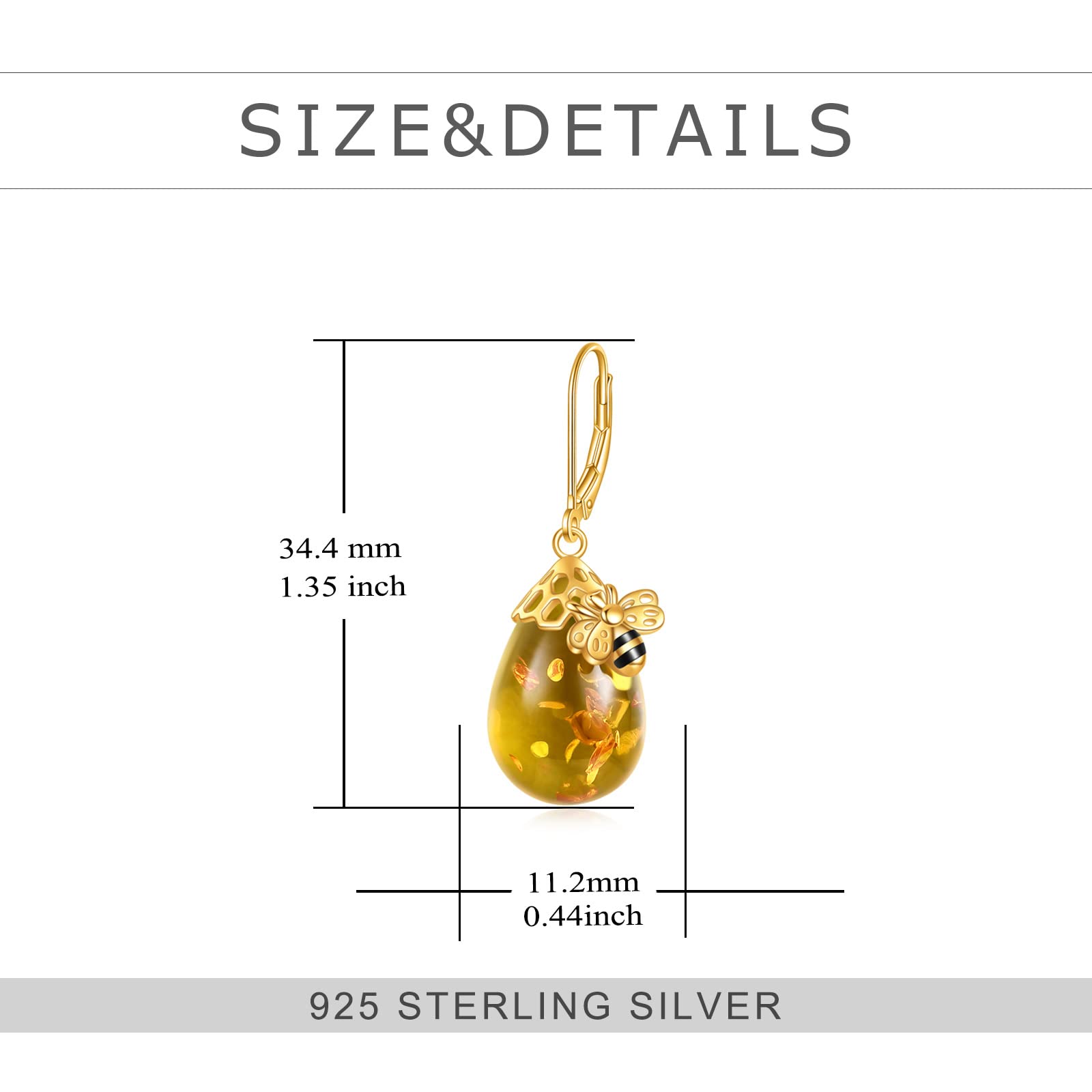 TIGER RIDER Bee 925 Sterling Silver French Clasp Earrings Amber Pendant Jewelry Gift for Women