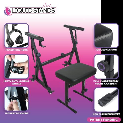 Liquid Stands Piano Keyboard Stand and Bench Set - Portable Heavy Duty Music Stand for 54-88 Key Electric Pianos and Adjustable Piano Bench, Stool - Sturdy Keyboard Music Stand w/ Wheels and Seat