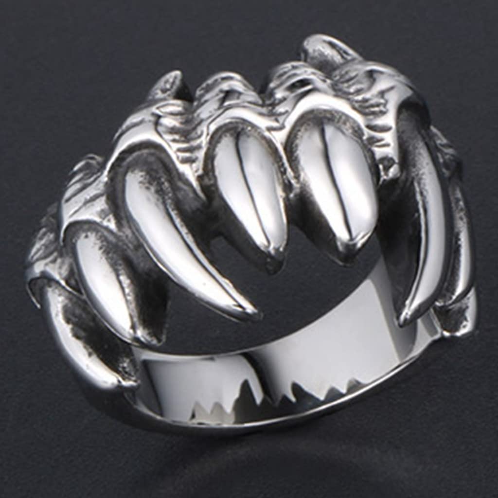 Jude Jewelers Stainless Stee Retro Vintage Gothic Death Wolf Teeth Skull Cocktail Party Biker Holiday Ring (Silver, 9)