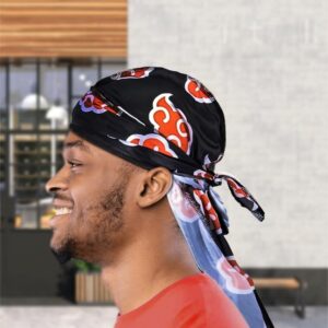 Red Clouds Silky Durag - Black Designer 360 Wave Du Rag with Long Wide Tails and Quadruple Stitching - Smooth Silk Fabric for Comfort Compression (Akat Black)