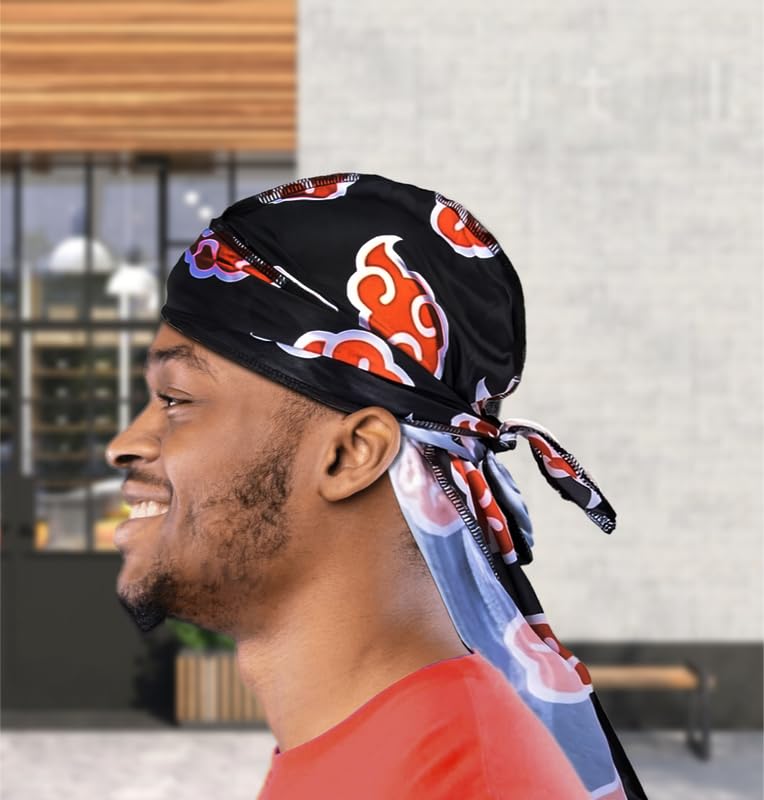 Red Clouds Silky Durag - Black Designer 360 Wave Du Rag with Long Wide Tails and Quadruple Stitching - Smooth Silk Fabric for Comfort Compression (Akat Black)