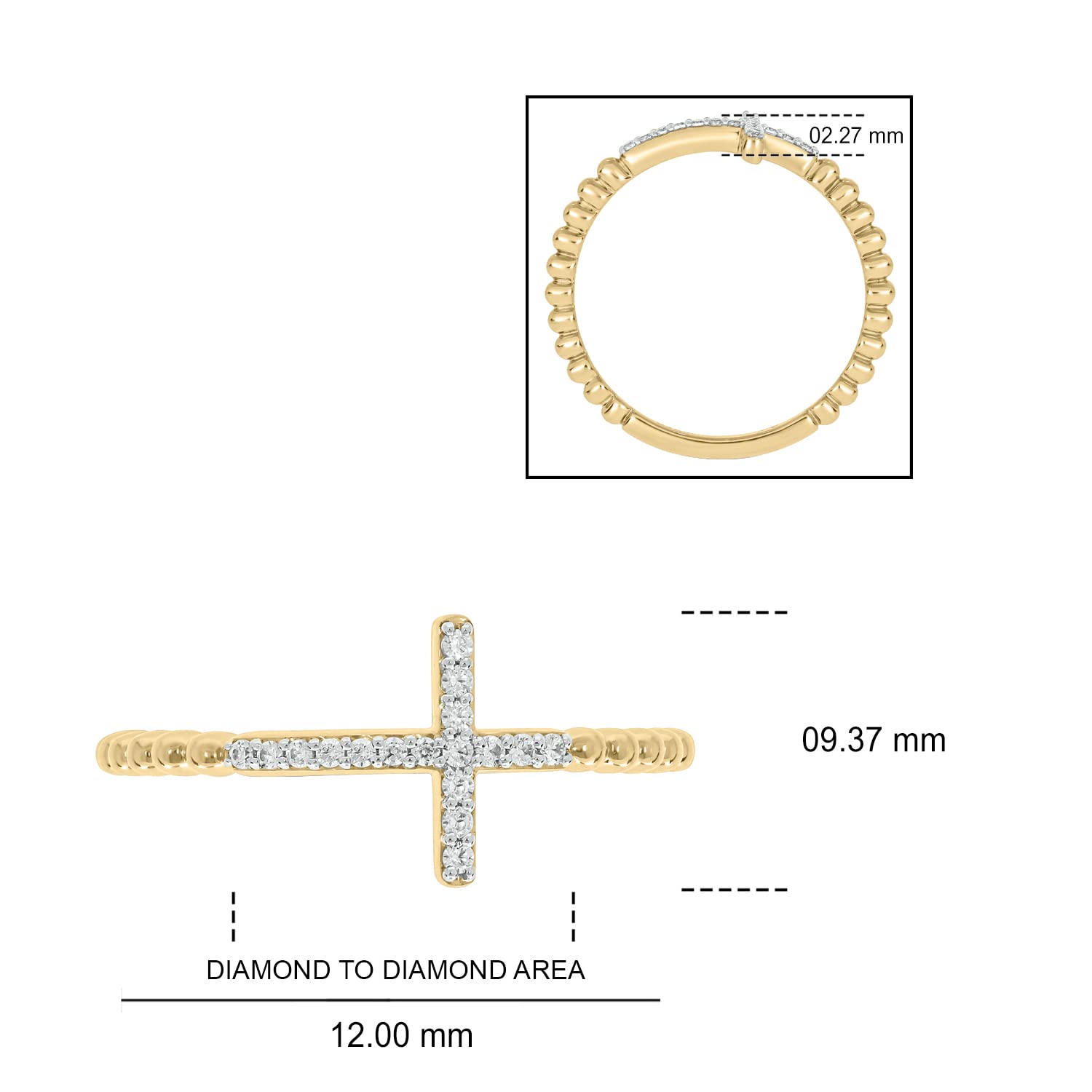 1/10cttw Diamond Cross Ring for Women, Cross Ring with Beaded Style Detail in 18k Yellow Gold-Plate, 18k Rose Gold-Plate or 925 Sterling Silver, Women's Horizontal Cross with Round White Diamonds,6