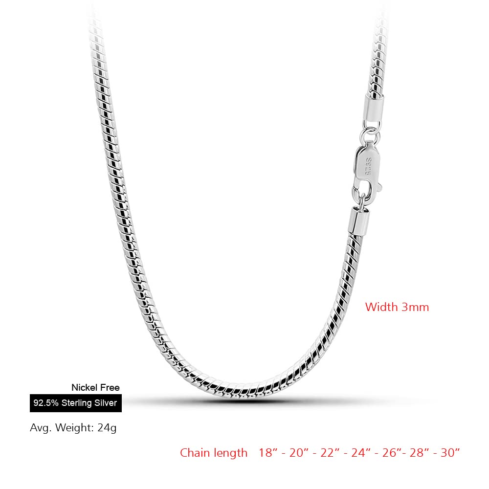 Meilanduo 925 Sterling Silver 3mm Round Snake Necklace, Delicate Dainty Snake Necklace, Sizes 18" to 30" Inch for Women & Men (28", Silver-Tone)