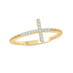 1/10cttw diamond cross ring for women, cross ring with beaded style detail in 18k yellow gold-plate, 18k rose gold-plate or 925 sterling silver, women's horizontal cross with round white diamonds,6