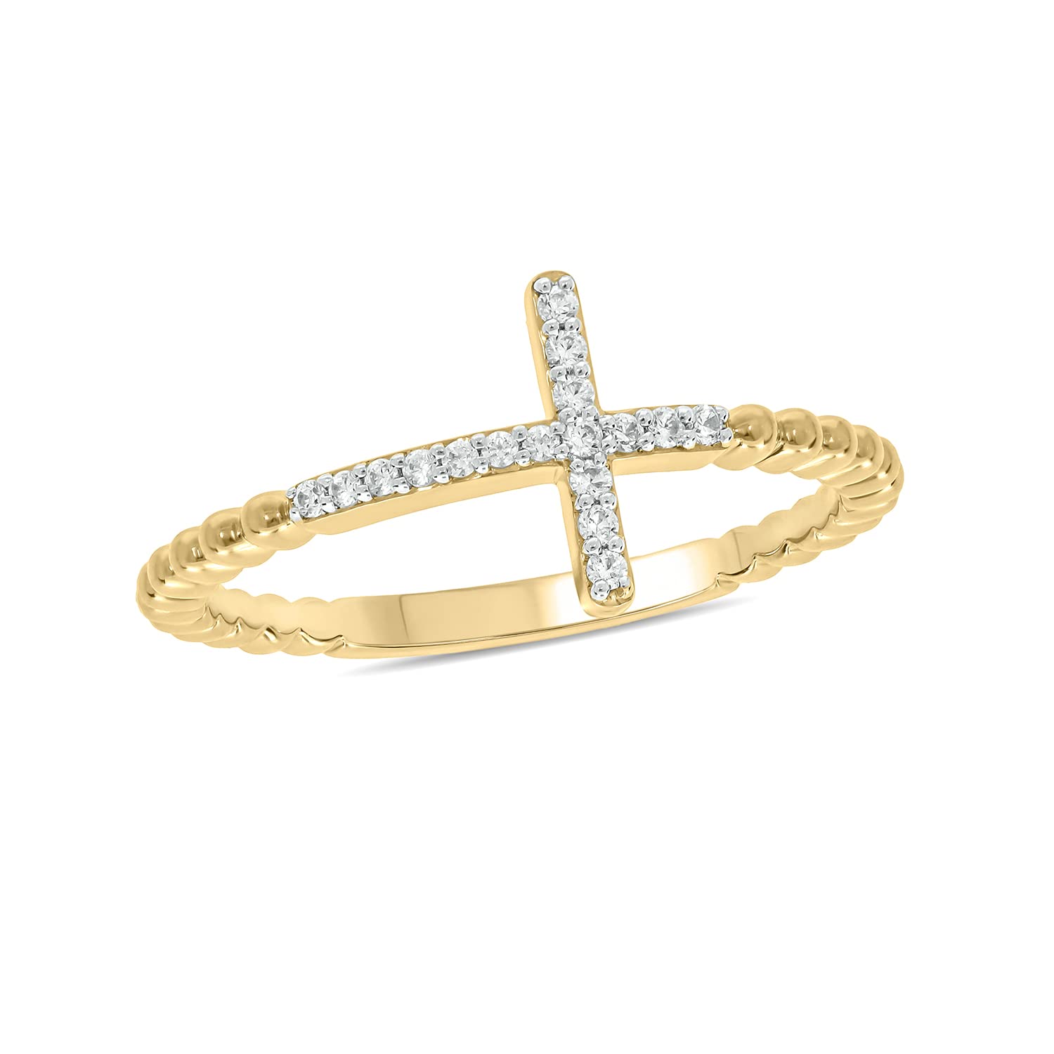 1/10cttw Diamond Cross Ring for Women, Cross Ring with Beaded Style Detail in 18k Yellow Gold-Plate, 18k Rose Gold-Plate or 925 Sterling Silver, Women's Horizontal Cross with Round White Diamonds,6