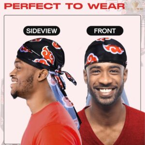 Red Clouds Silky Durag - Black Designer 360 Wave Du Rag with Long Wide Tails and Quadruple Stitching - Smooth Silk Fabric for Comfort Compression (Akat Black)