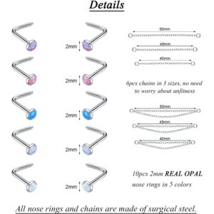 PunkTracker 16Pcs 20G Opal Nose Rings Surgical Steel Nose Studs for Women Nose Rings Studs with Chains Hypoallergenic Nose Piercing Jewelry