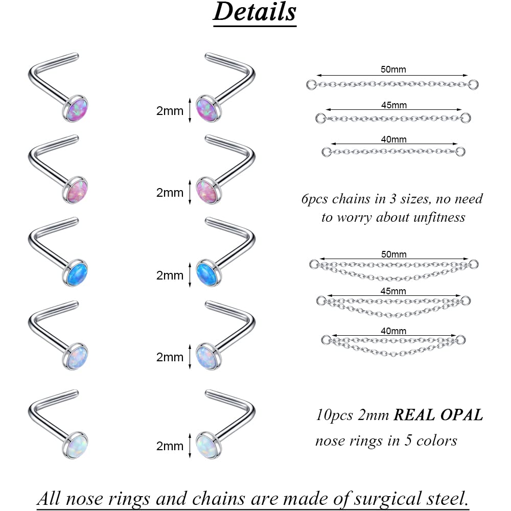 PunkTracker 16Pcs 20G Opal Nose Rings Surgical Steel Nose Studs for Women Nose Rings Studs with Chains Hypoallergenic Nose Piercing Jewelry