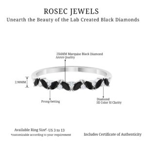 Lab Created Black and White Diamond Ring, Marquise Cut Created Black Diamond Semi Eternity Ring, 14K White Gold, Size:US 8.00