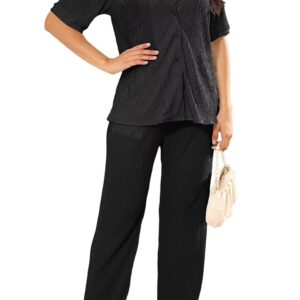 Ekaliy Women 2 Piece Dressy Outfits Short Sleeve Button Down Shirts Blouses Tops Wide Long Pants Summer Tracksuit Black 2XL