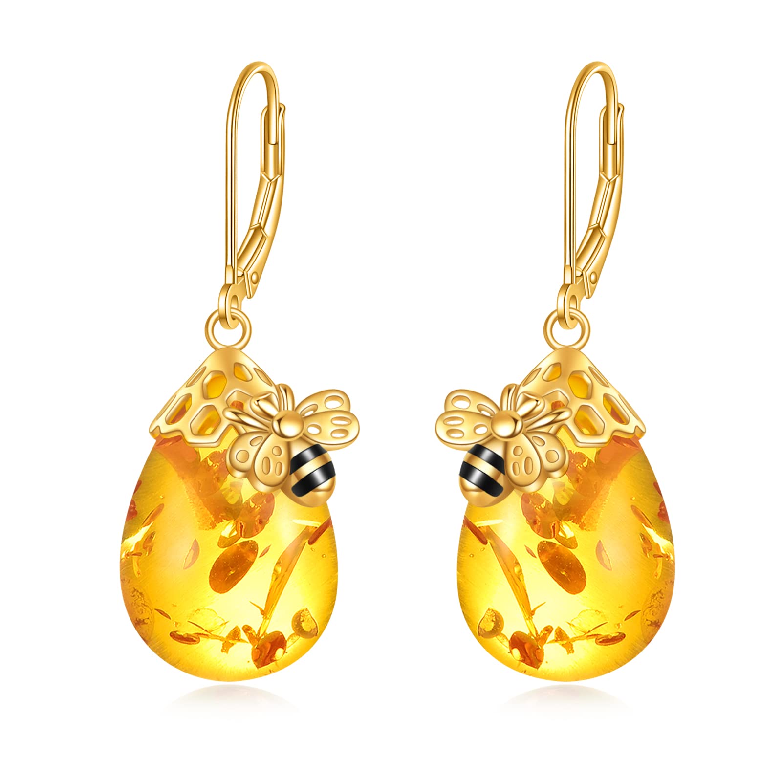 TIGER RIDER Bee 925 Sterling Silver French Clasp Earrings Amber Pendant Jewelry Gift for Women