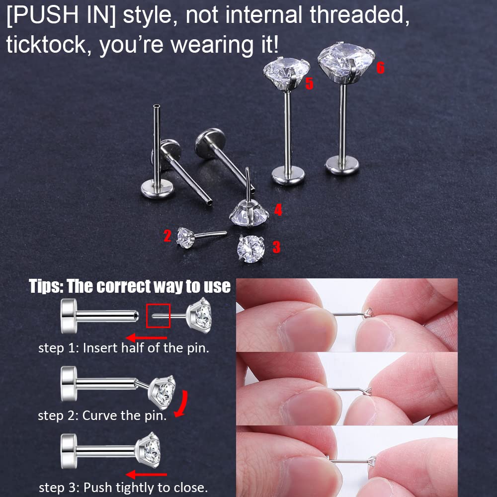 PunkTracker 16G 18G 20G 6/8/10MM Threadless Piercing Jewelry for Tragus Nose Helix Conch Medusa Lip Labret - Surgical Steel Nose Studs for Women Men