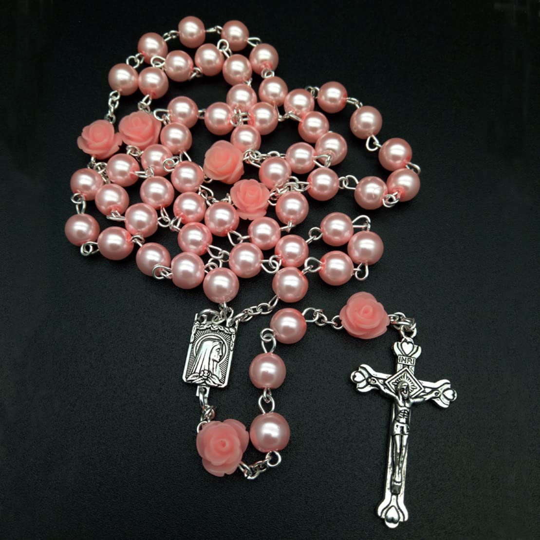 Catholic Rosary Pink Pearl Beads Necklace for Women First Communion Rosary for Women Our Rose Lourdes Medal and Cross Rosary Necklace