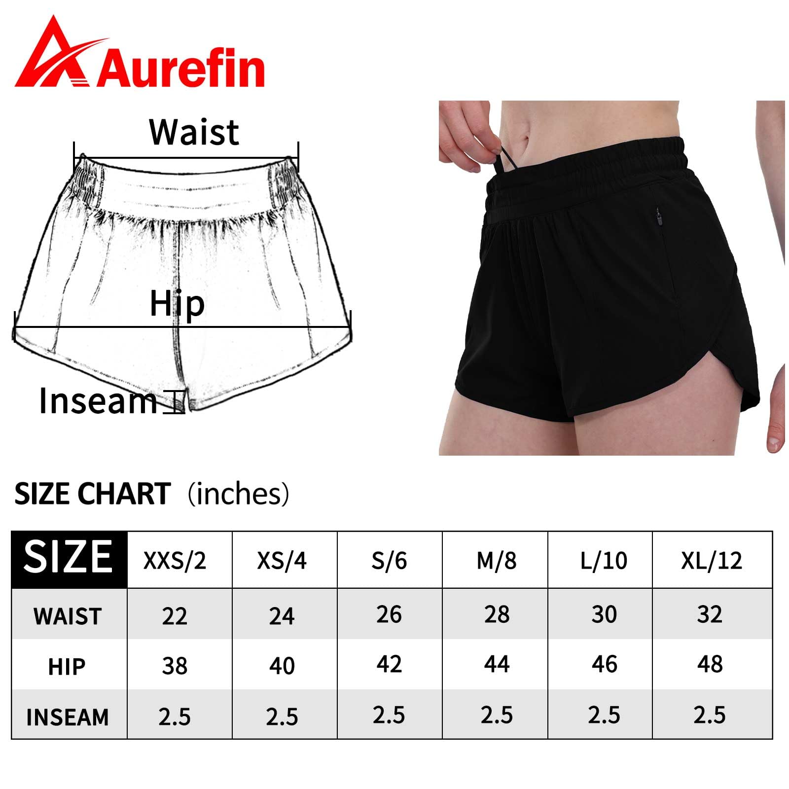 Aurefin Running Shorts for Women，Lightweight Athletic Shorts with Mesh Liner and Zip Pocket Quick Dry Workout Sports Shorts Black/Small