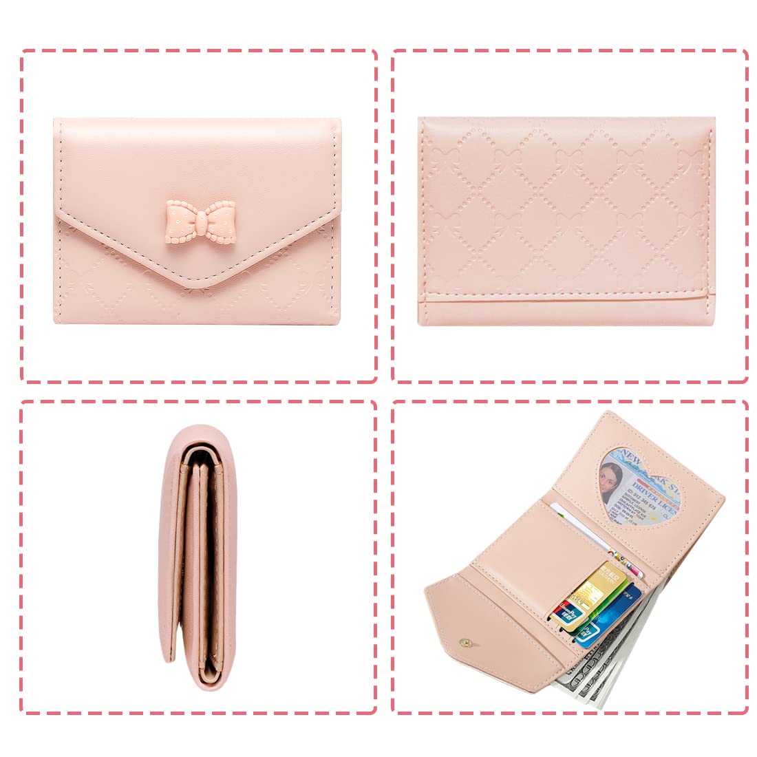 Sunwel Fashion Trendy Bow Small Bifold Wallet with Cash Credit Card Holder ID Window for Women Girls