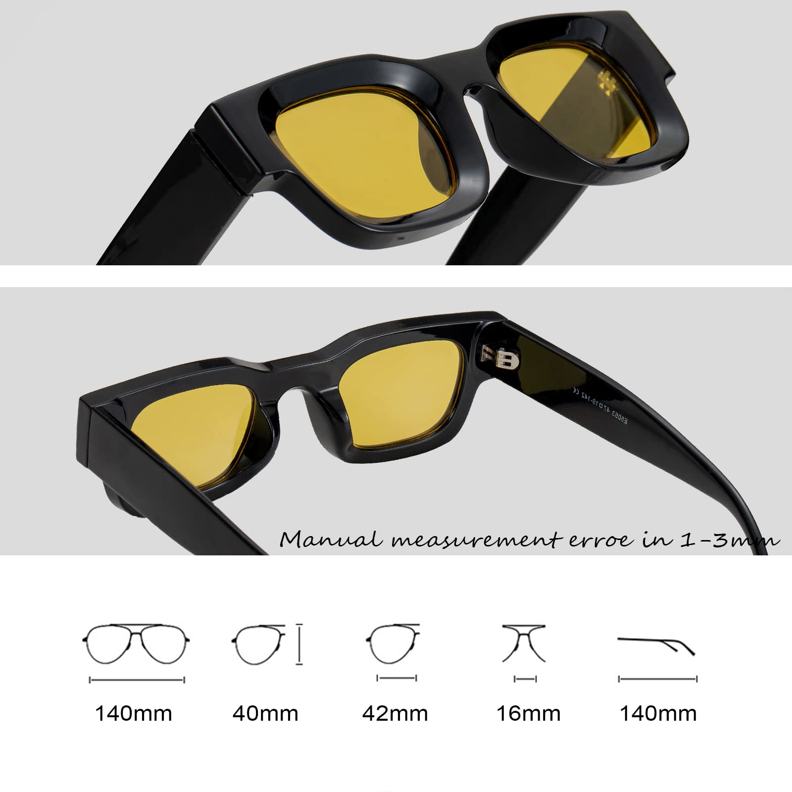 Teumire Retro Rectangle Polarized Sunglasses for Small Face Women Men Chunky Square Thick Frame Glasses UV400 Protection(Black/Clear Yellow)