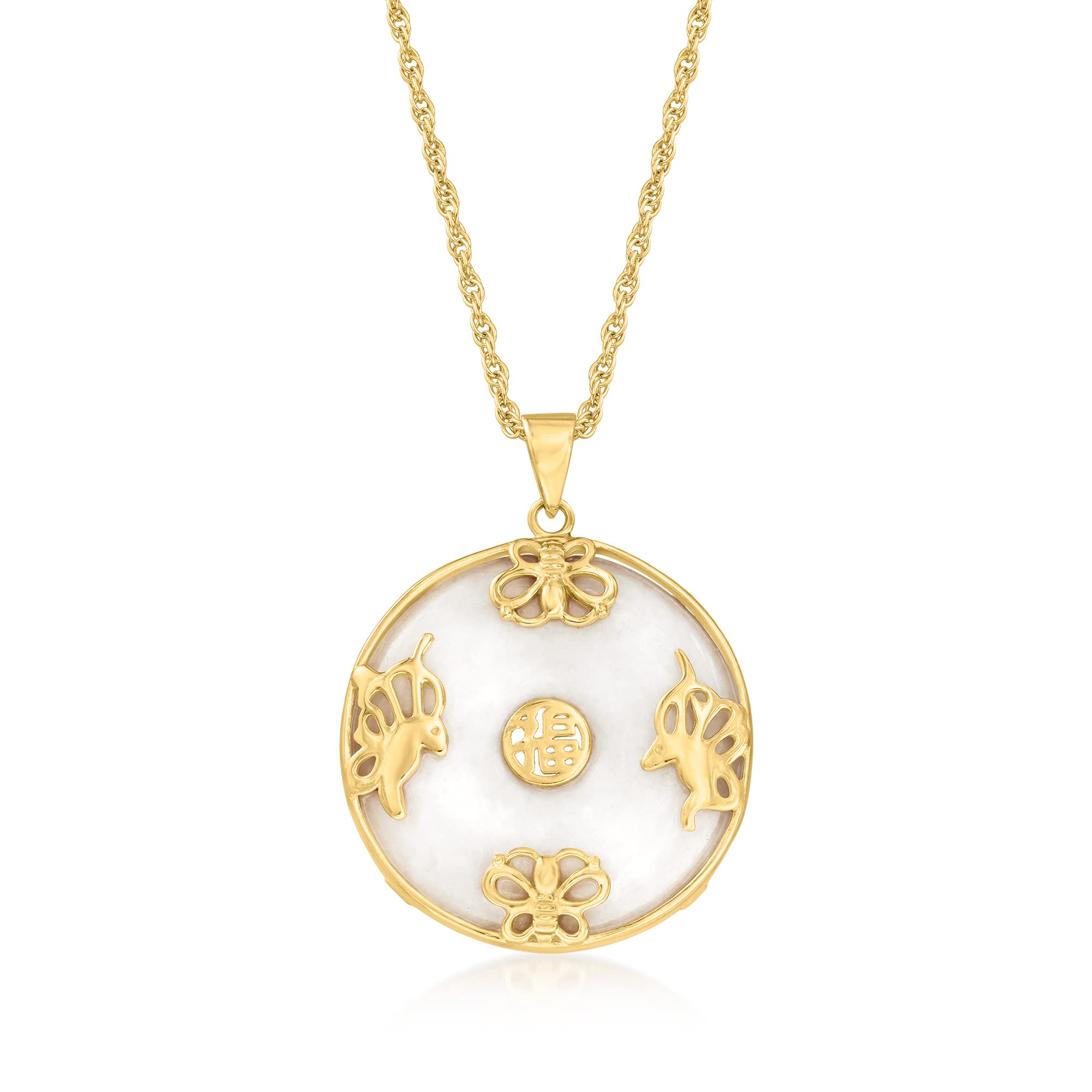 Ross-Simons White Jade Good Fortune Butterfly Pendant Necklace in 18kt Gold Over Sterling. 18 inches