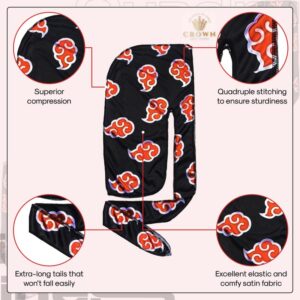 Red Clouds Silky Durag - Black Designer 360 Wave Du Rag with Long Wide Tails and Quadruple Stitching - Smooth Silk Fabric for Comfort Compression (Akat Black)