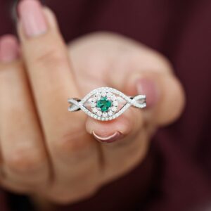 Rosec Jewels Created Emerald Infinity Crossover Ring for Women, AAAA Quality, Emerald Promise Engagement Ring, 14K White Gold, Size:US 9.50