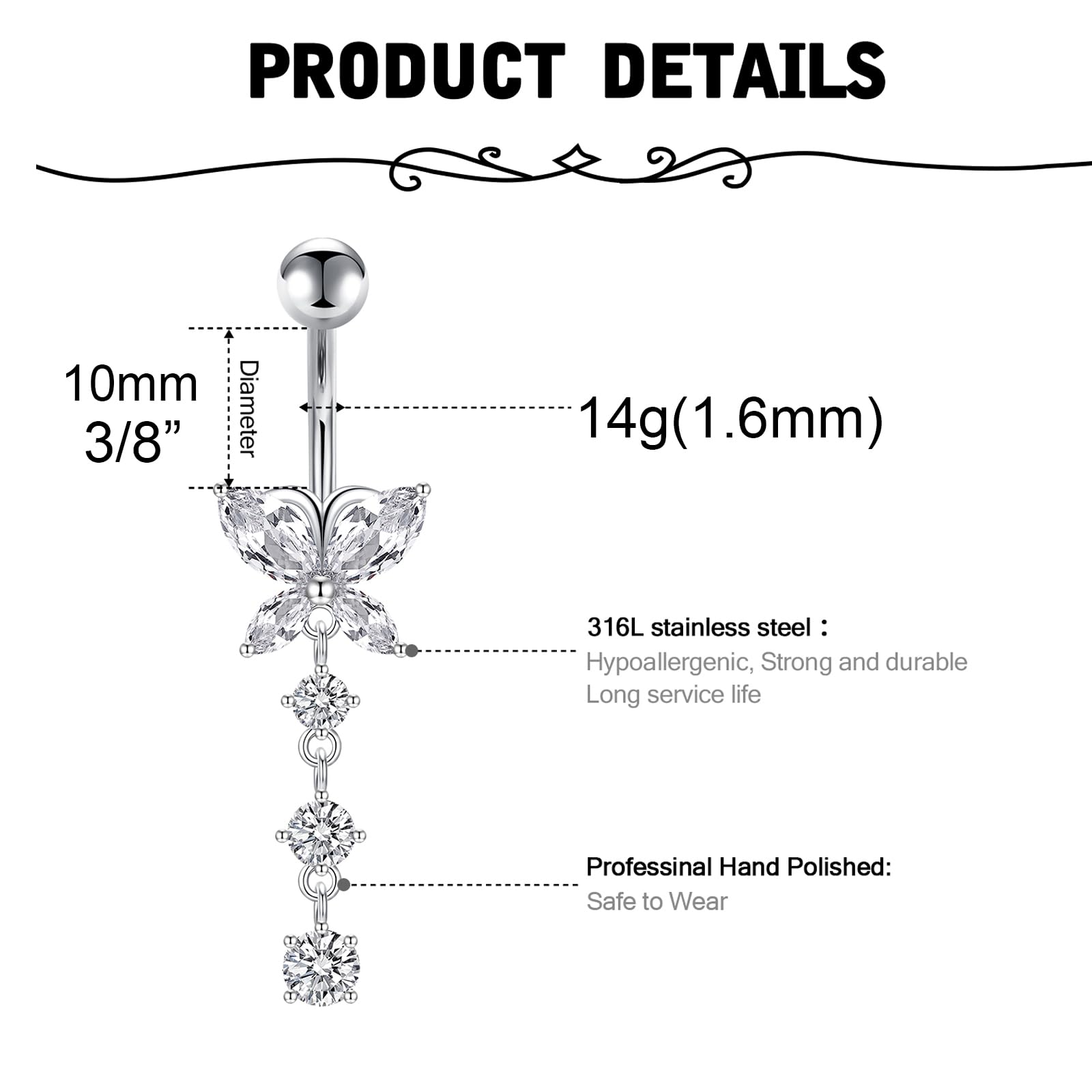 Longita Dangle Belly Button Rings for Women Surgical Steel Piercing Jewelry, Silver