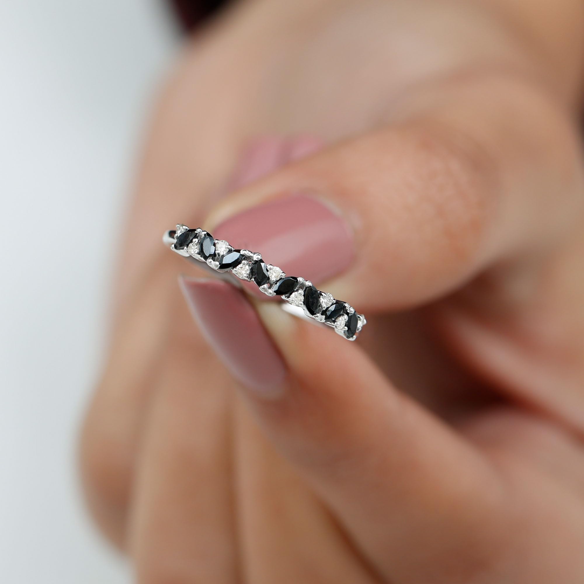 Lab Created Black and White Diamond Ring, Marquise Cut Created Black Diamond Semi Eternity Ring, 14K White Gold, Size:US 8.00