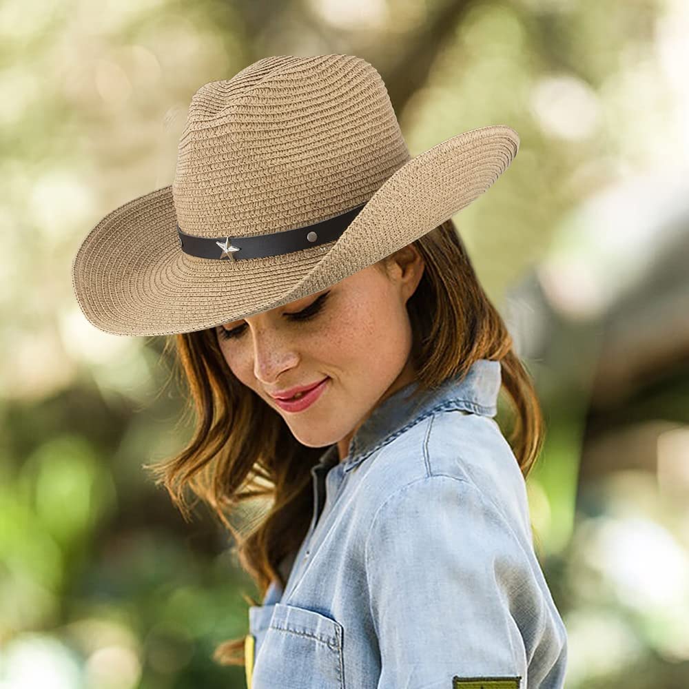 Straw Cowboy Hat for Women Men Western Sun Hat Wide Brim Summer Belt Cowgirl Hats(M-L) Khaki