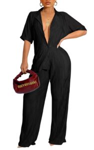 ekaliy women 2 piece dressy outfits short sleeve button down shirts blouses tops wide long pants summer tracksuit black 2xl