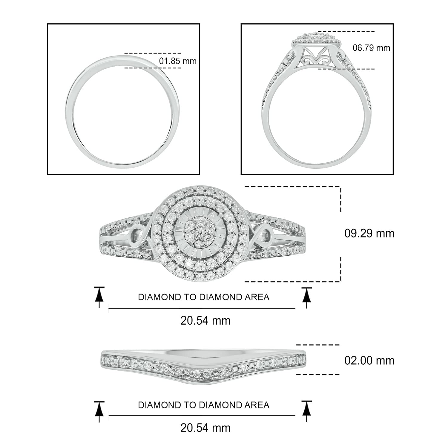 Cali Trove, 1/4cttw Diamond Round Cluster Double Halo Engagement Ring with Matching Diamond Wedding Band for Women in 925 Sterling Silver, Women's Silver Wedding Ring Set with Diamond Accented Bands,7