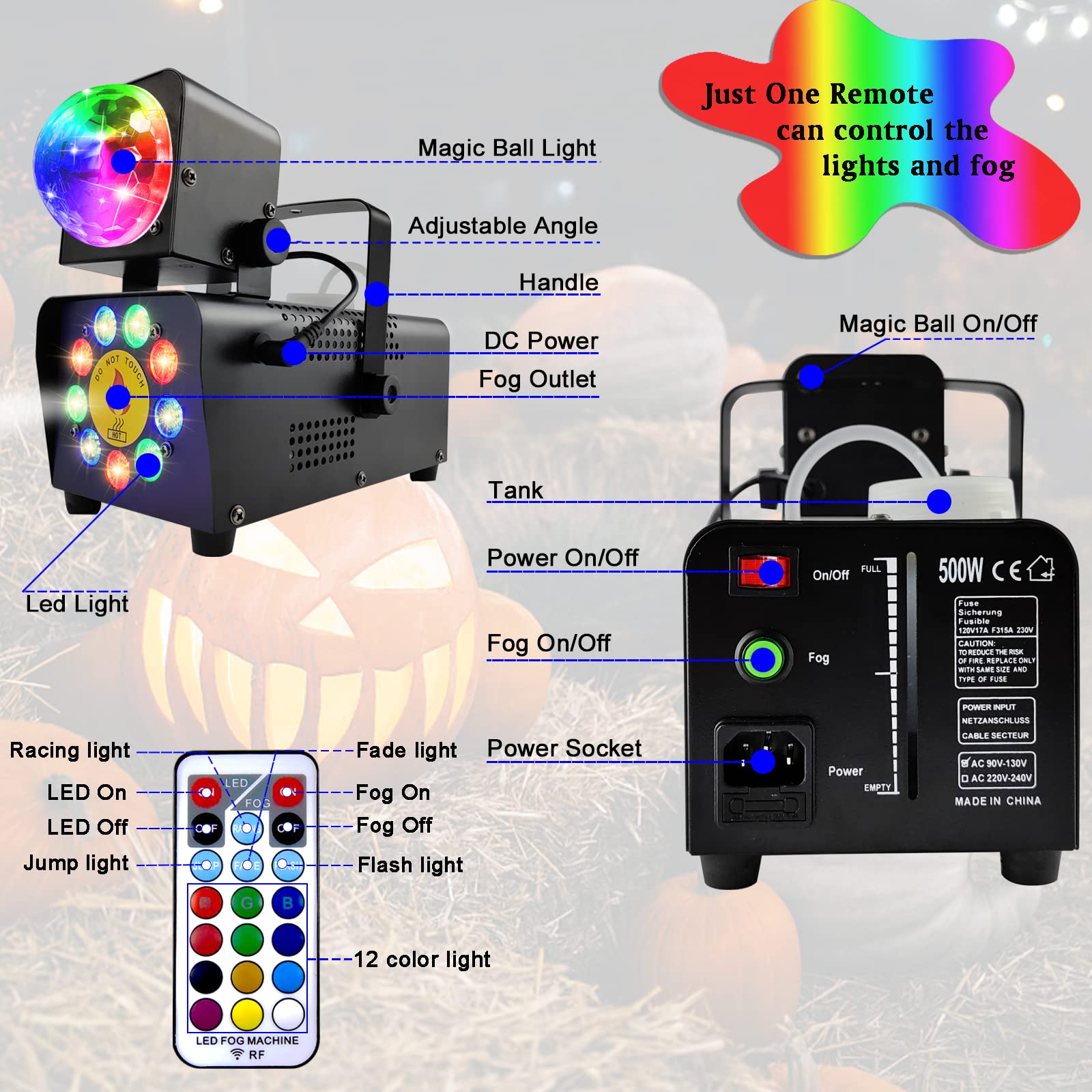 IMONE Fog Machine with Disco Light,Fog Machine Outdoor Indoor,Smoke Machine Fog 16 Colorful Led Lights Effect,Smoke Machine Wireless Remote,Party Disco Ball Lights,Fog Machine Outdoor