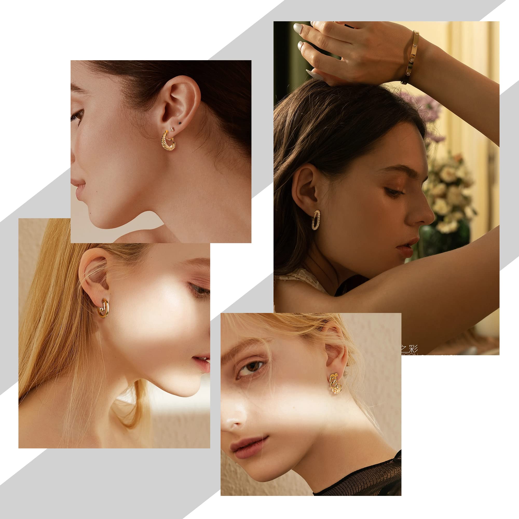 FIBO STEEL Gold Clip On Earrings for Women 18K Gold Plated Clip on Hoop Earrings Twist Chunky Hoop Earrings Non-Pierced Fake Earrings Set 8 Pairs Gold Tone