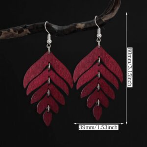 Handmade Lightweight Elegant Wooden Earring for Women - Statement Leaf Drop Dangle Earrings Bohemian Fashion Nature Wood Chain Leaf Earrings for Women Mom Sister Daughter Statement Jewelry Gifts (Wine Red)