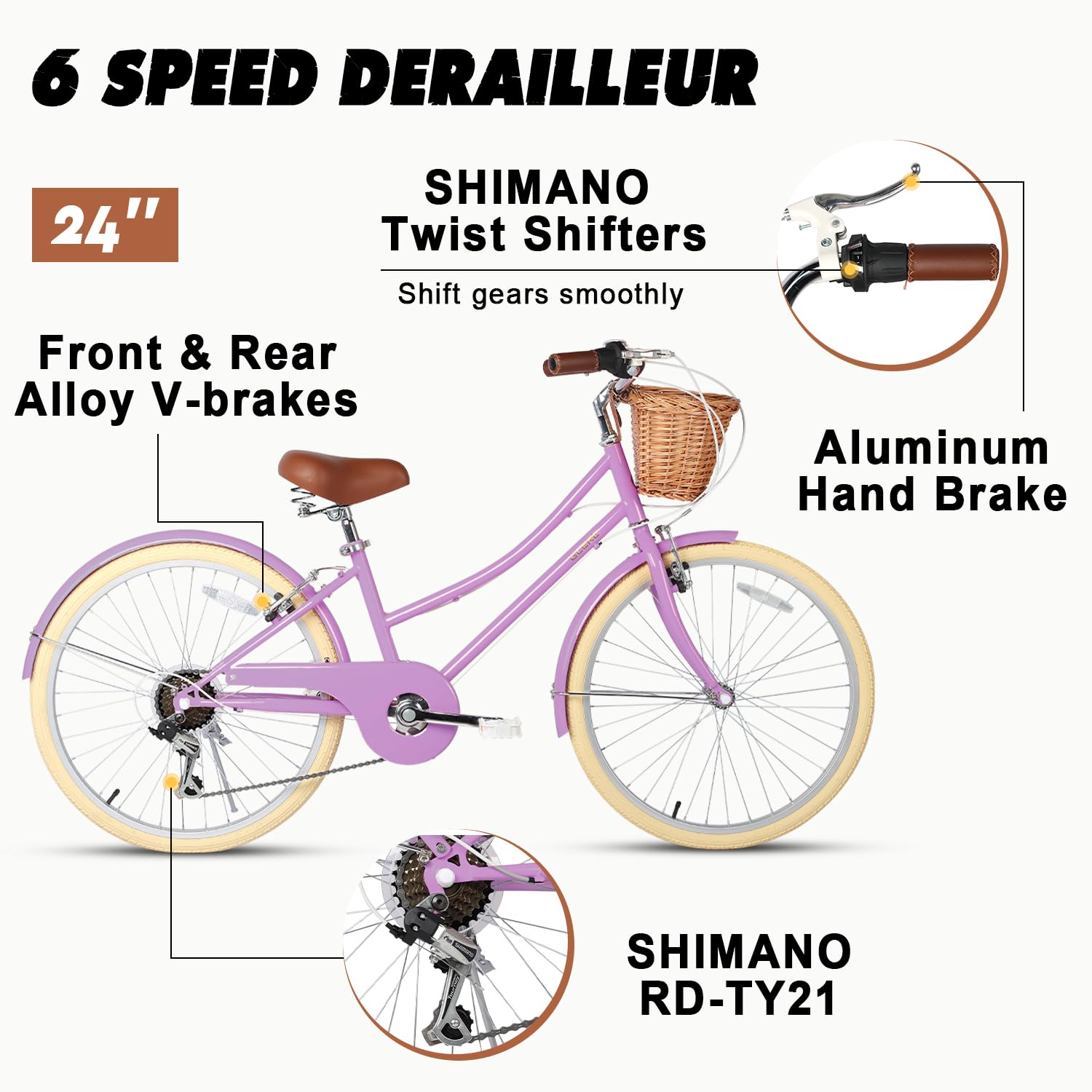 Glerc Missy 24" inch Girl Cruiser Kids Bike 6-Speed Teen Hybrid City Bicycle for Youth Ages 7 8 9 10 11 12 13 14 Years Old with Wicker Basket & Lightweight, Purple