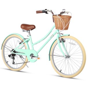 glerc missy 24" inch girl cruiser kids bike 6-speed teen hybrid city bicycle for youth ages 7 8 9 10 11 12 13 14 years old with wicker basket & lightweight, mint green