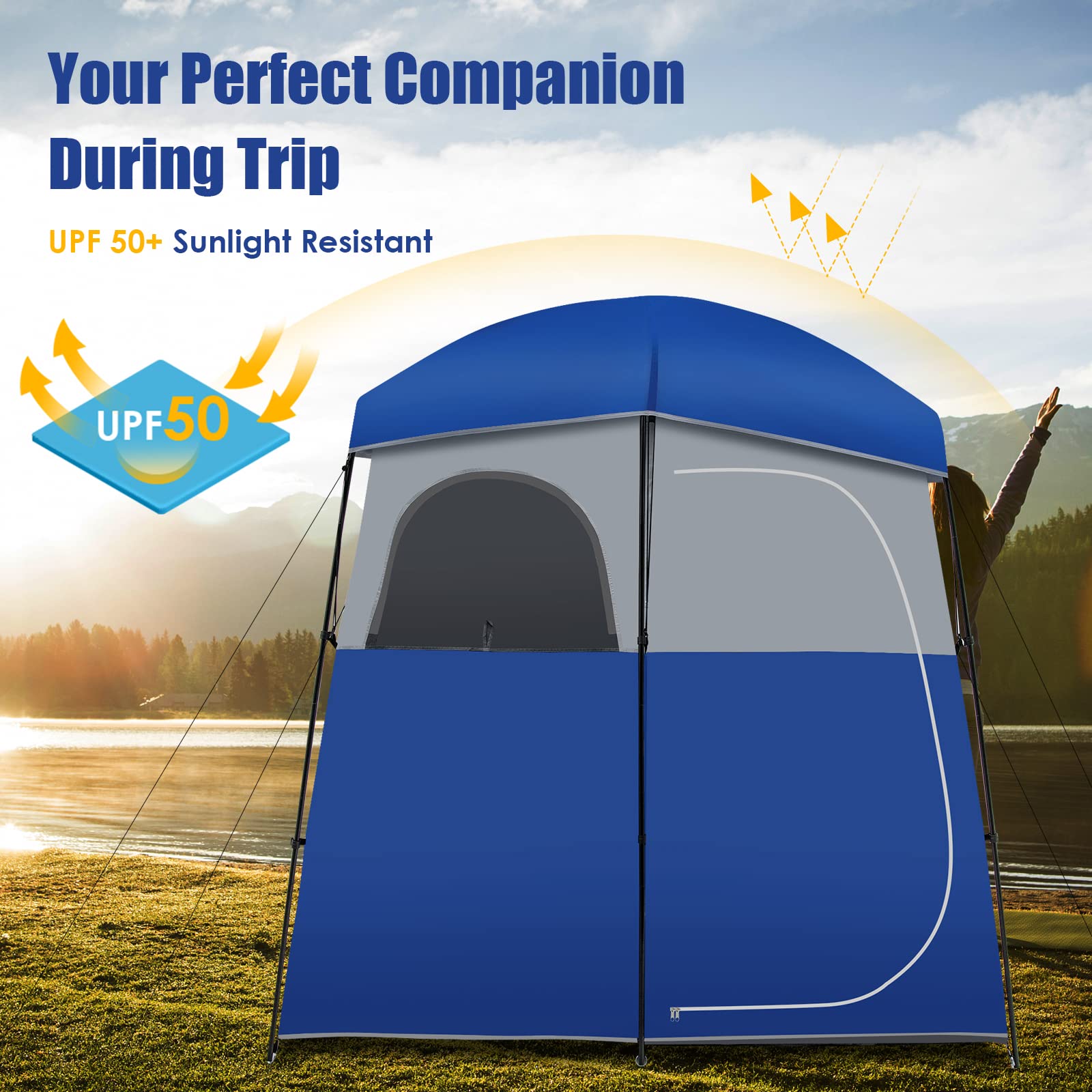 Tangkula Double-Room Shower Tent, Oversize Space Privacy Tent for Camping with Floor, Portable Camping Changing Tent with Removable Rain Fly, Storage Bag for Dressing, Toilet