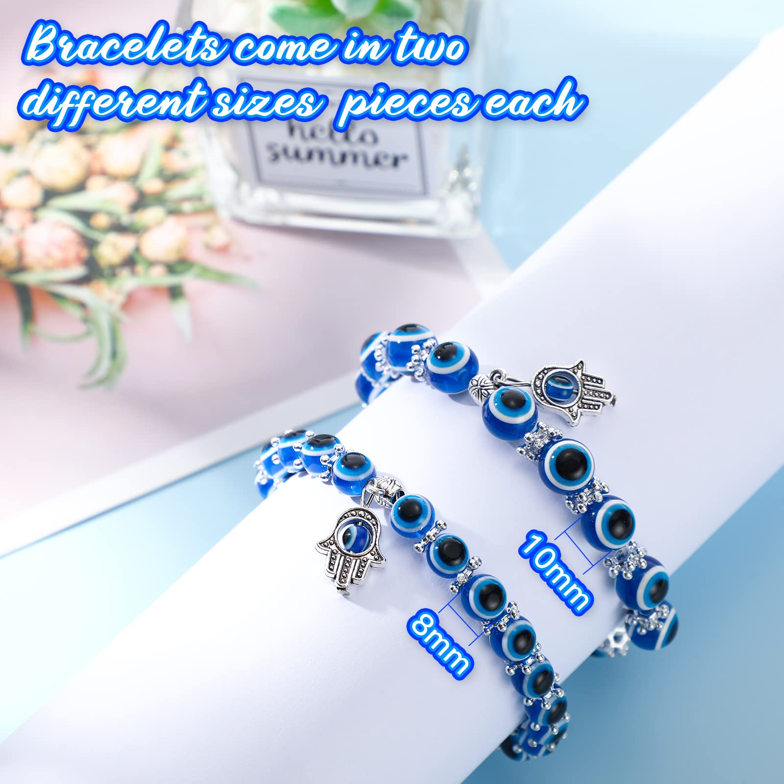 Blue Evil Eye Bracelet for Protection 8mm 10mm Hamsa Hand of Fatima Beaded Charm Bracelets Blue Eye Stretch Amulet Bracelets for Women Men (16 Pieces)