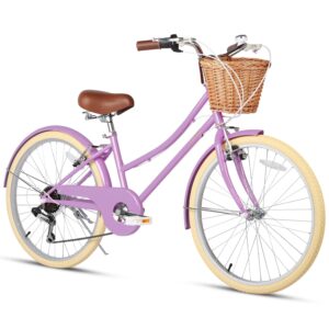 Glerc Missy 24" inch Girl Cruiser Kids Bike 6-Speed Teen Hybrid City Bicycle for Youth Ages 7 8 9 10 11 12 13 14 Years Old with Wicker Basket & Lightweight, Purple