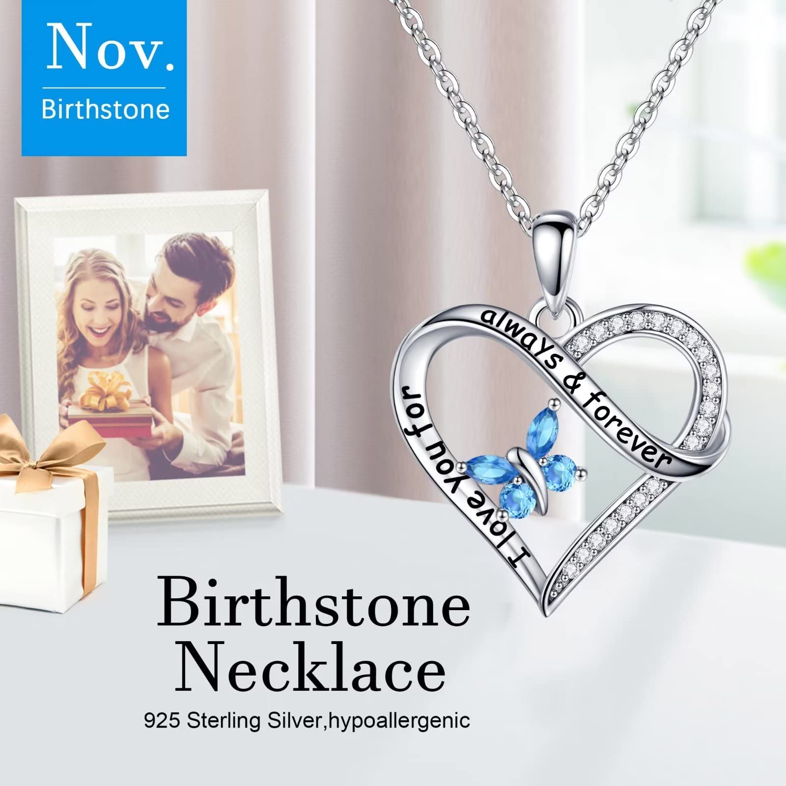 Iefil Birthstone Necklaces for Women - Anniversary Birthday Gifts, Mothers Day Gift Ideas, Swiss Blue Topaz Heart Necklace, Silver November Birthstone Gifts for Women, Jewelry Gifts for Her Mom