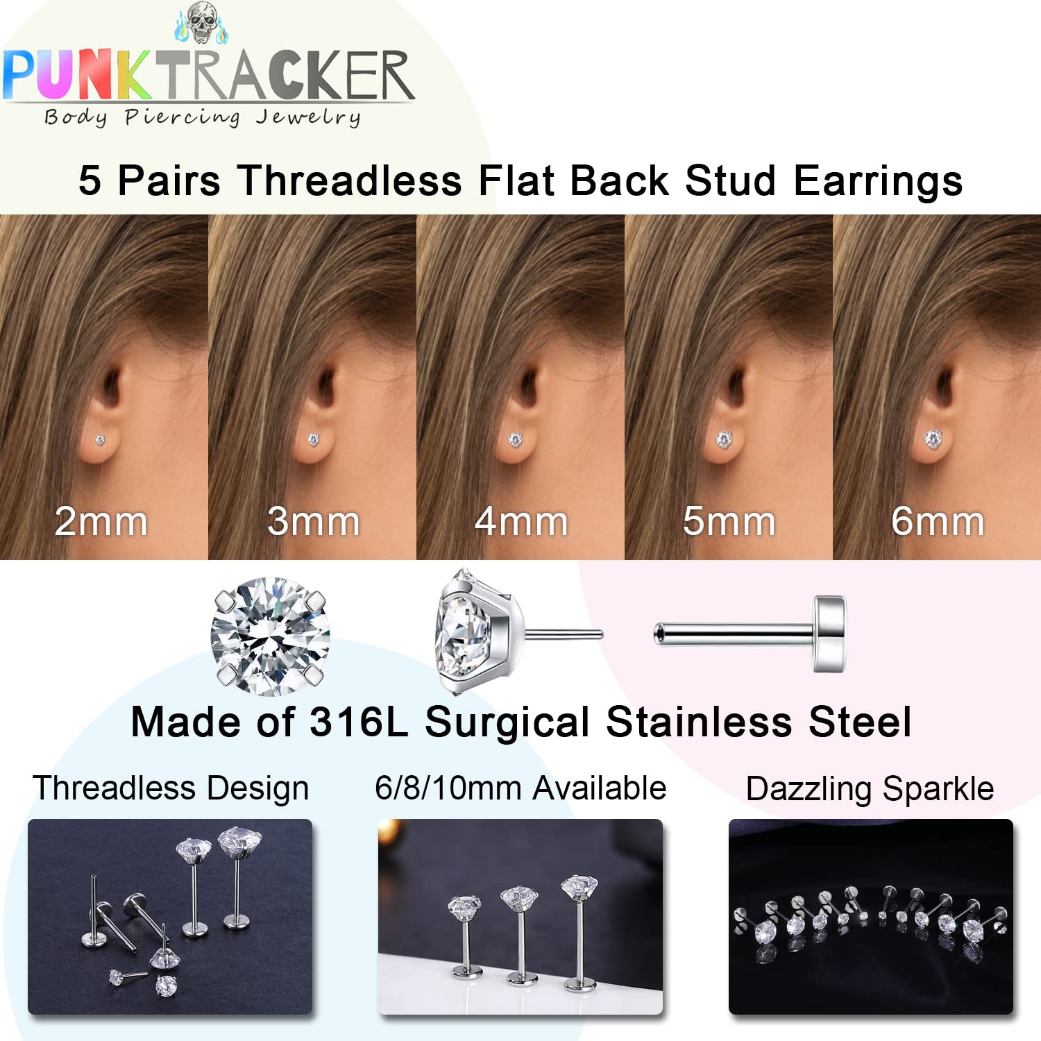 PunkTracker 16G 18G 20G 6/8/10MM Threadless Piercing Jewelry for Tragus Nose Helix Conch Medusa Lip Labret - Surgical Steel Nose Studs for Women Men