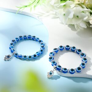 Blue Evil Eye Bracelet for Protection 8mm 10mm Hamsa Hand of Fatima Beaded Charm Bracelets Blue Eye Stretch Amulet Bracelets for Women Men (16 Pieces)