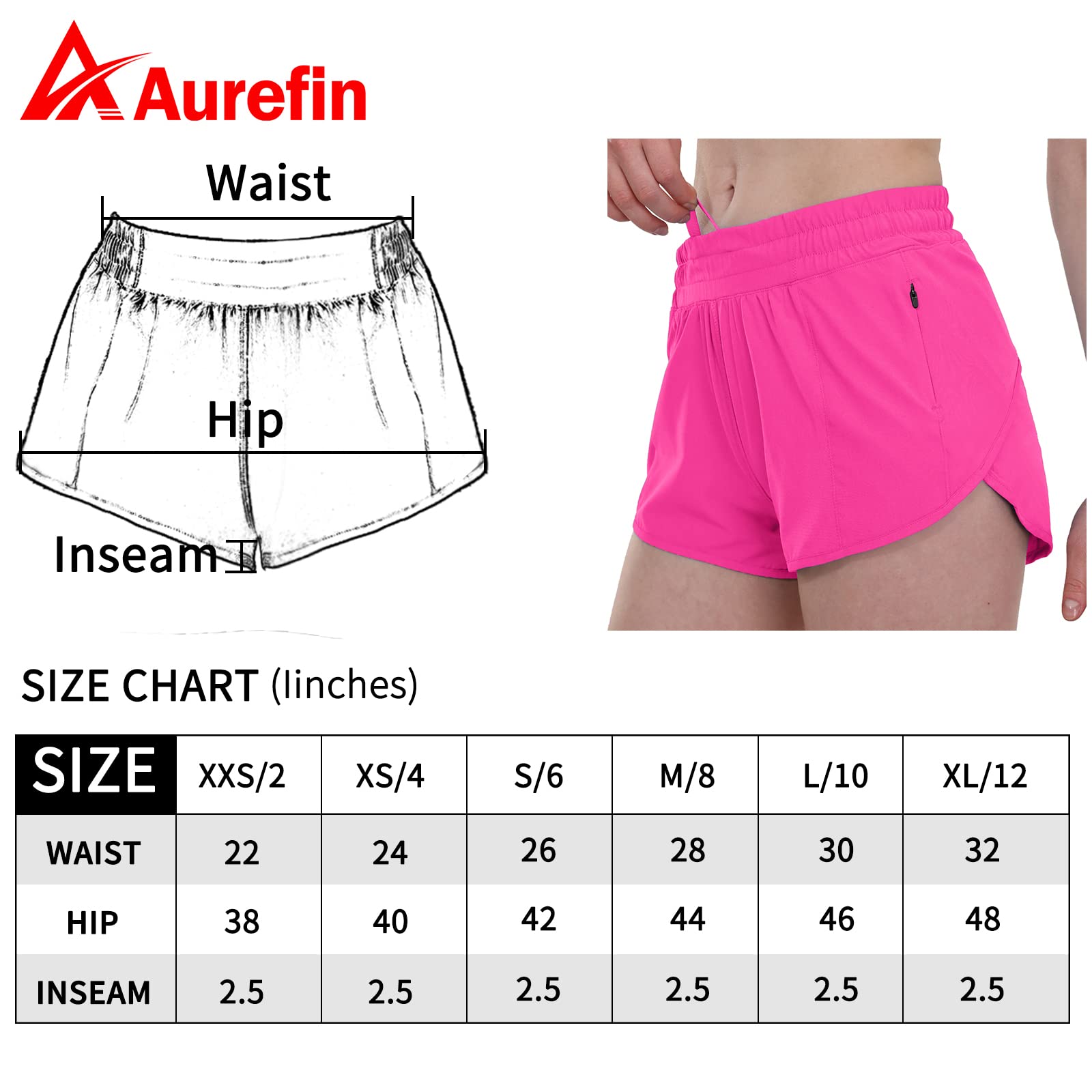 Aurefin Running Shorts for Women，Lightweight Athletic Shorts with Mesh Liner and Zip Pocket Quick Dry Workout Sports Shorts Sonic Pink/Medium