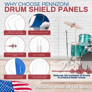 PENNZONI Drum Shield 5.5ft w/Living Hinges, Comes w/ 5 Drum Panels, & 4 Living Hinges, Premium Clear Acrylic Panels, Drum Screen