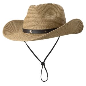 straw cowboy hat for women men western sun hat wide brim summer belt cowgirl hats(m-l) khaki