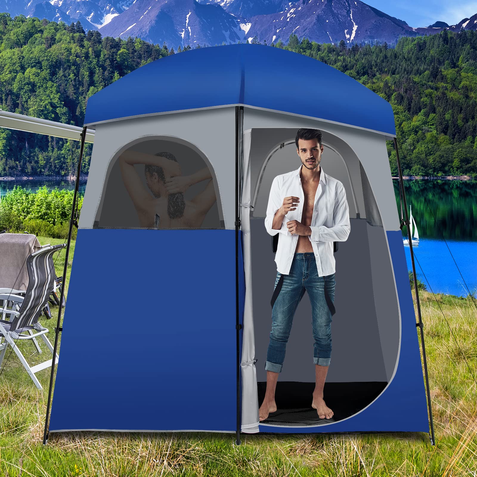 Tangkula Double-Room Shower Tent, Oversize Space Privacy Tent for Camping with Floor, Portable Camping Changing Tent with Removable Rain Fly, Storage Bag for Dressing, Toilet