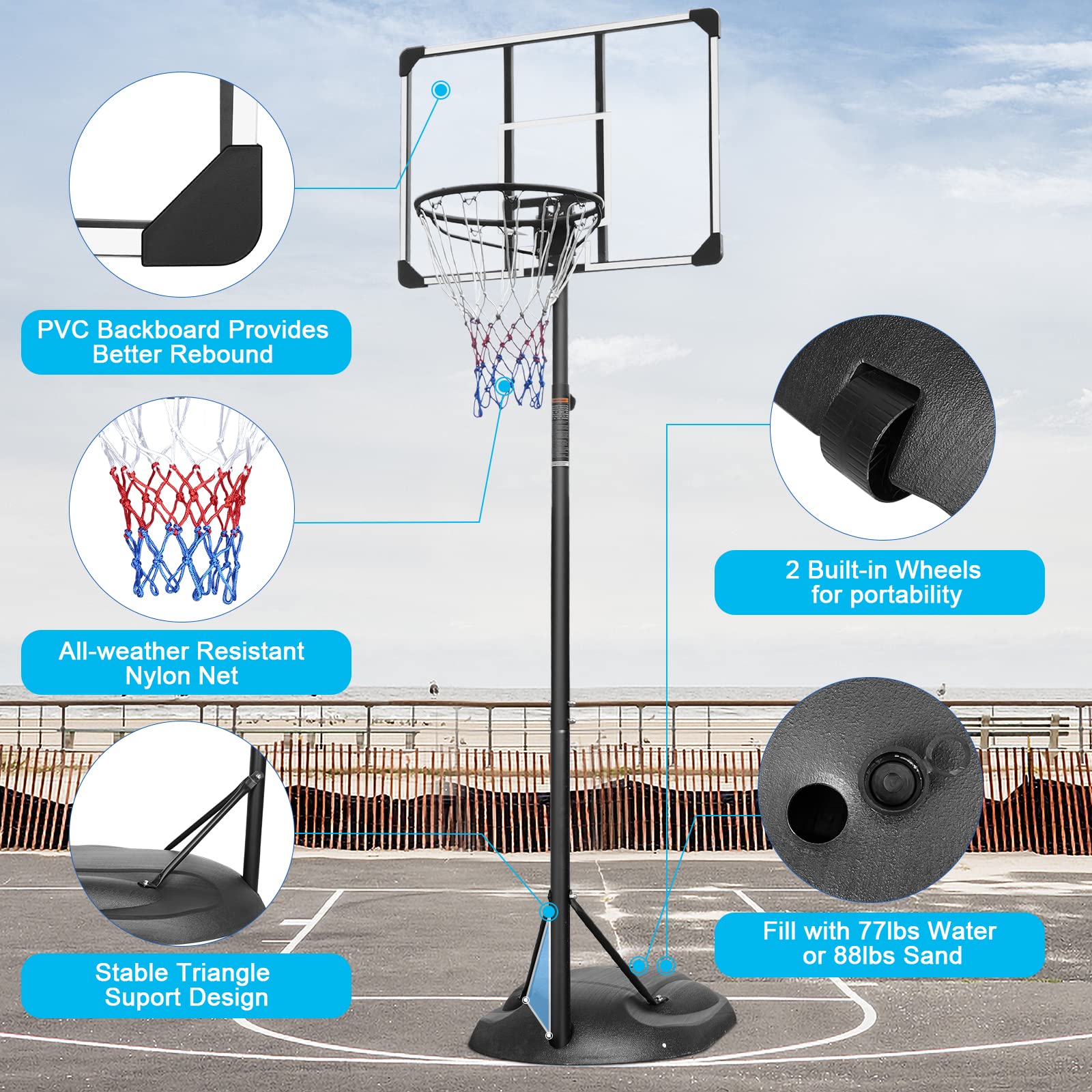 KL KLB Sport Portable Basketball Hoop System Stand Height Adjustable 7.5ft - 9.2ft with 32 Inch Backboard and Wheels for Youth Adults Indoor Outdoor Basketball Goal