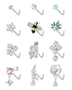 drperfect 12pcs 20g nose rings studs l shaped dangle nose rings for women stainless steel cz heart snake flower butterfly assorted nose nostrial piercing jewelry