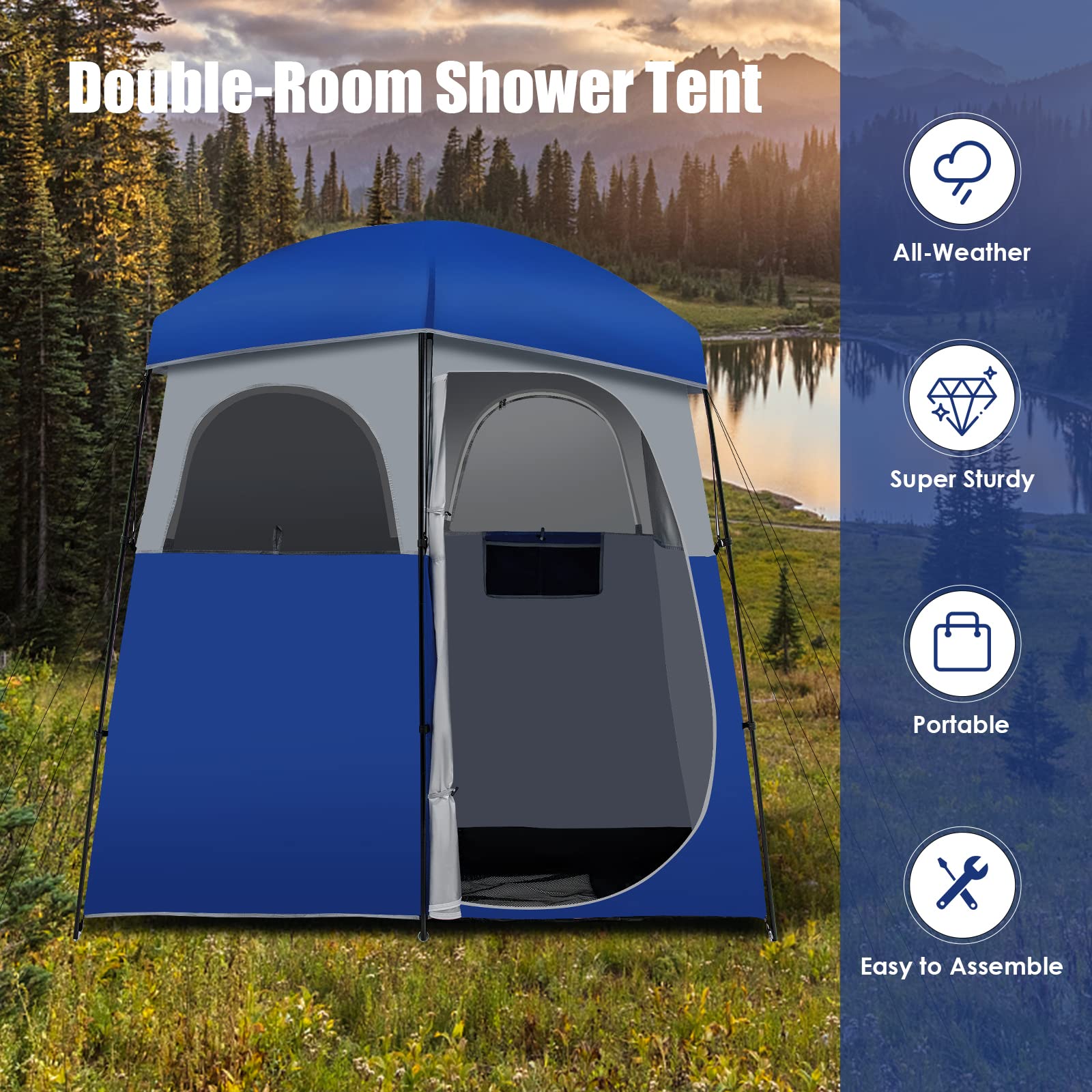 Tangkula Double-Room Shower Tent, Oversize Space Privacy Tent for Camping with Floor, Portable Camping Changing Tent with Removable Rain Fly, Storage Bag for Dressing, Toilet