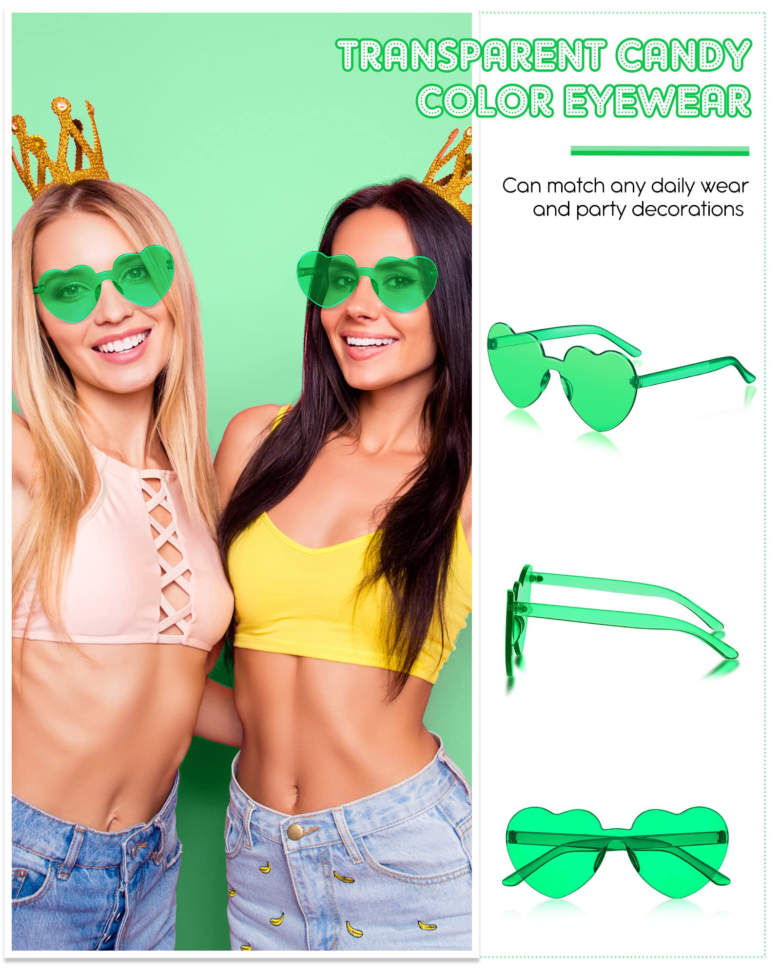 Colzzy Pcs Heart Shaped Rimless Sunglasses Transparent Colorful Frameless Glasses Eyewear Bachelorette Party (Fluorescent Green)